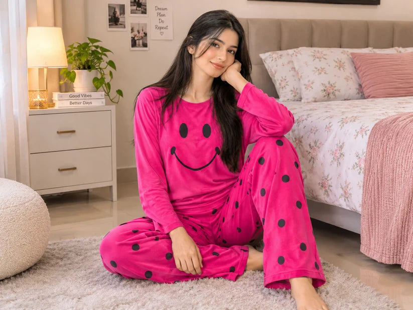 Pink Smiley Print Night Suit