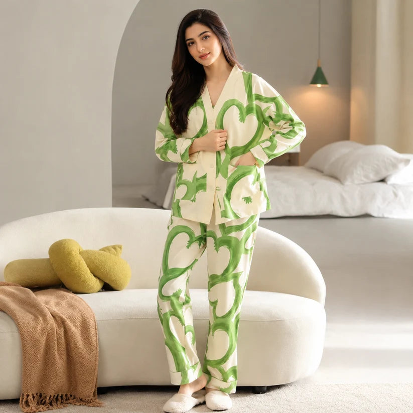 Green Hearts V-Neck Button Printed Night Suit