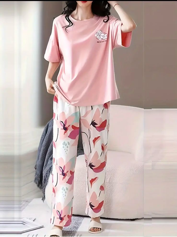 Pink but printed Night suit