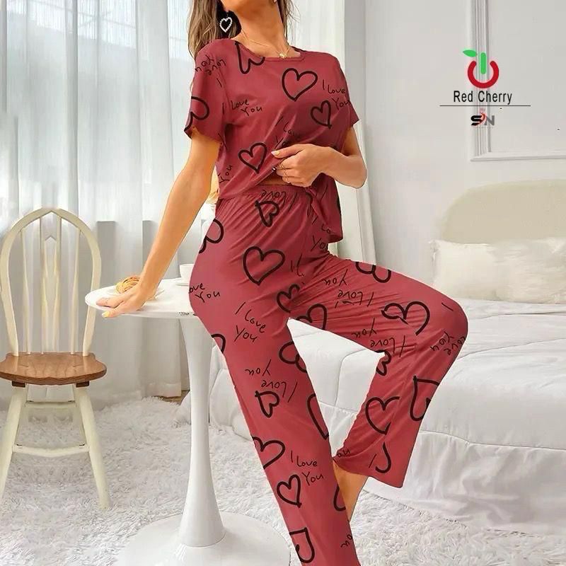 SR Dark Pink Love Printed Night Suit