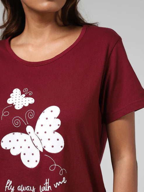Maroon Butterfly Printed Night Suit