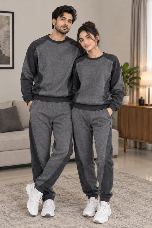 Grey Black Panel Couple Tracksuit