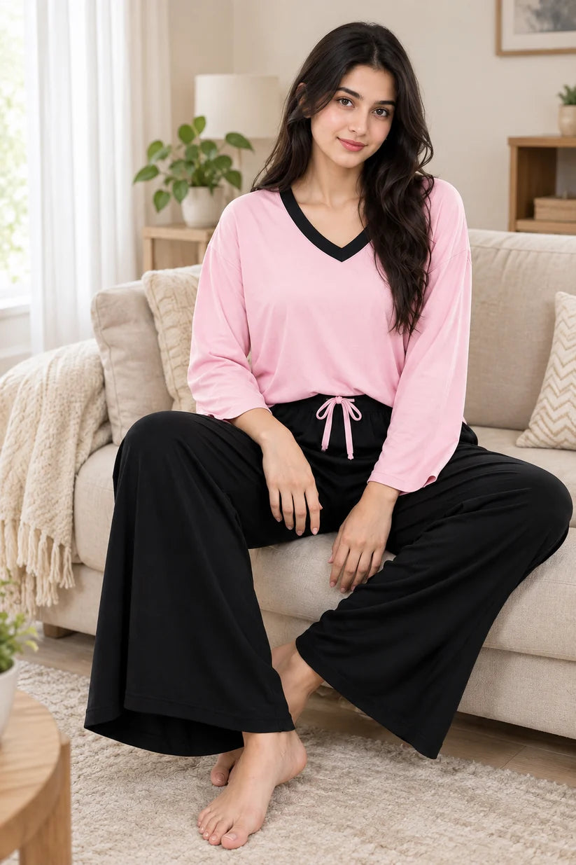 Pink-Black V Neck Night Suit