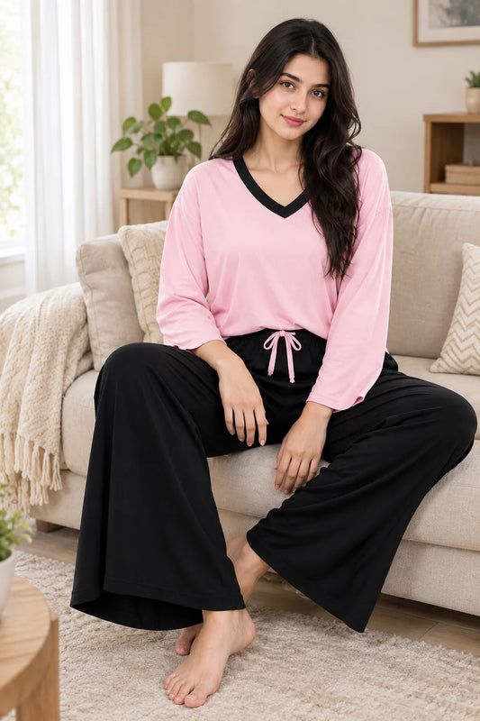 Pink-Black V Neck Night Suit