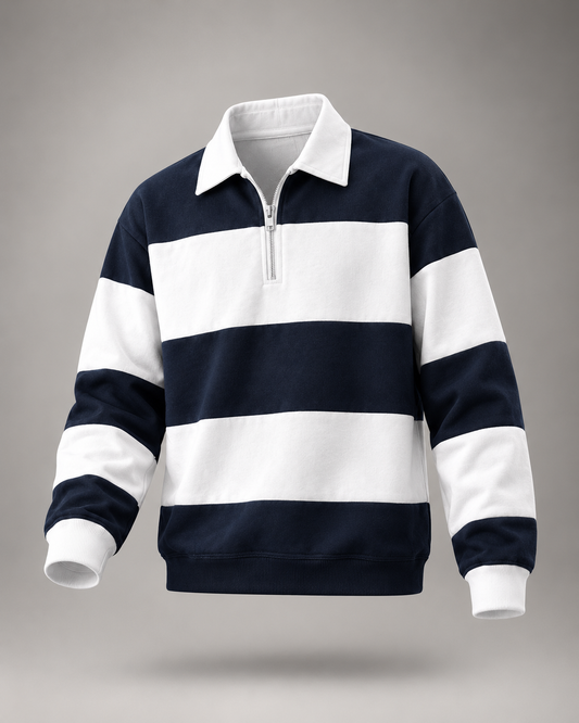 Navy and White Quarter-Zip Rugby Sweatshirt