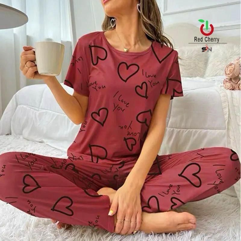 SR Dark Pink Love Printed Night Suit