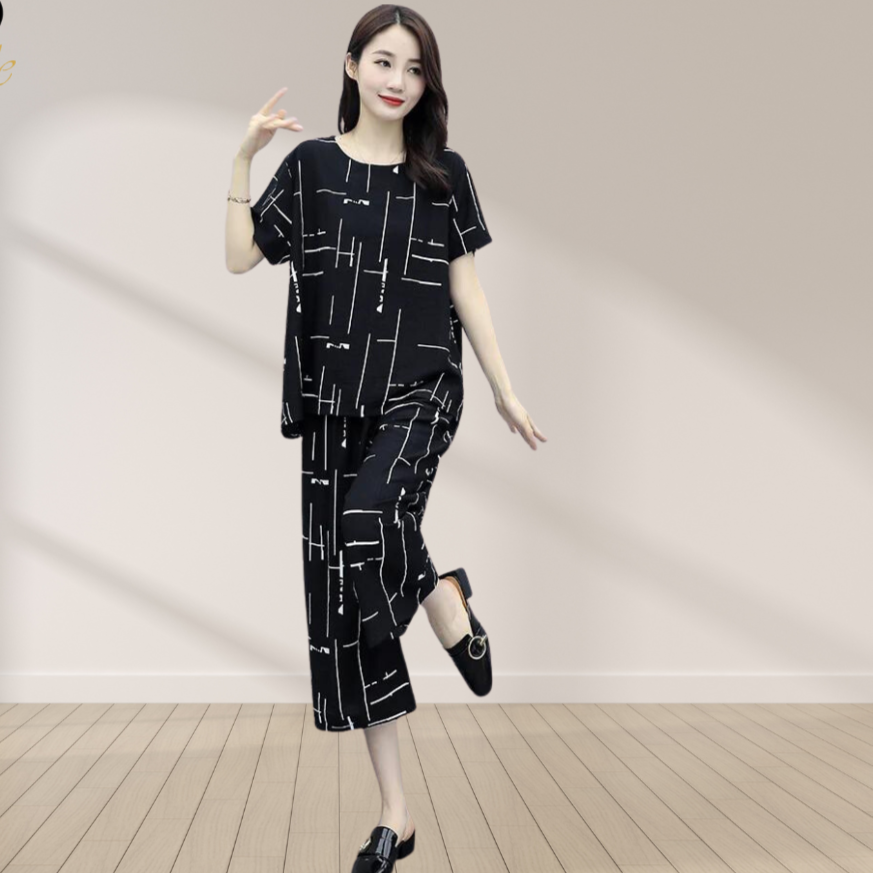 Black Printed Capri Night Suit